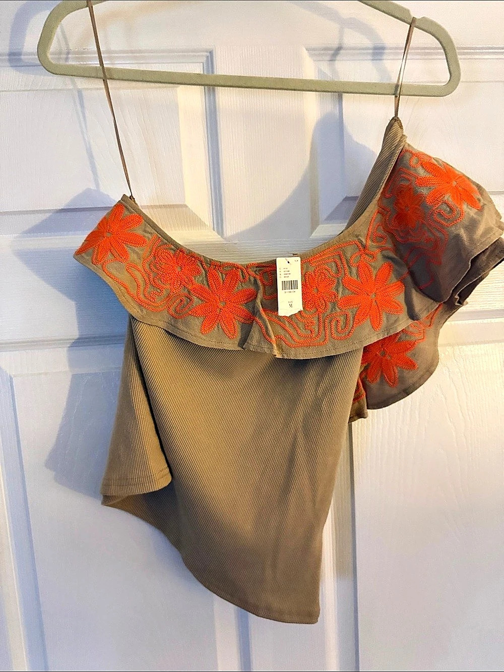 Dolan Embroidered One-Shoulder Top Brown & Orange Crop Top